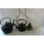 Paraffin lamp & 2 cast iron kettles