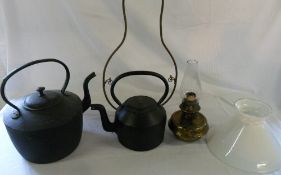 Paraffin lamp & 2 cast iron kettles