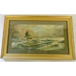 Watercolour of a ship in stormy sea by C