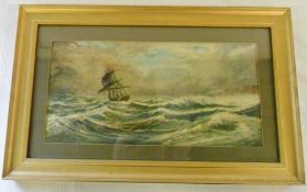 Watercolour of a ship in stormy sea by C