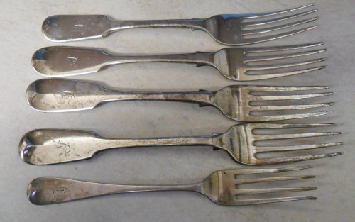 5 silver forks London 1814, 1828 & 1847