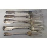 5 silver forks London 1814, 1828 & 1847