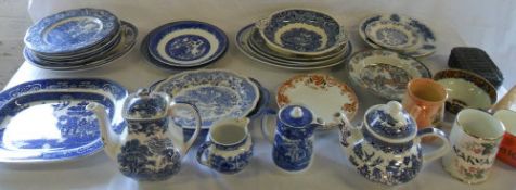 Various ceramics including blue and whit