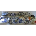 Various ceramics including blue and whit