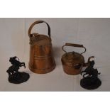 Copper jug, kettle and a pair of cast me