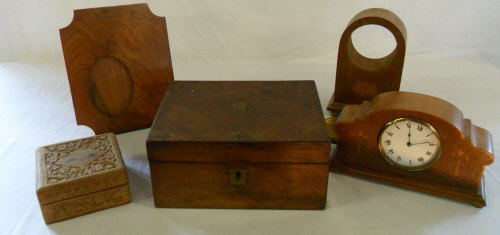 Assorted treen including Edwardian clock