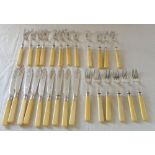 27 Silver cuffed fish knives and forks w