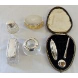 Small silver topped scent bottle London 1901, silver topped glass box Birmingham 1906, glass &