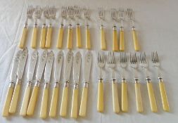 27 Silver cuffed fish knives and forks with indistinguishable hall marks