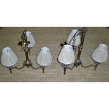 Pair of brass 3 branch light fittings with shades