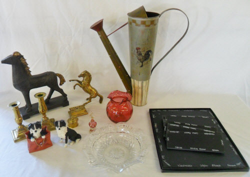 Assorted items inc glassware, brass, Leo