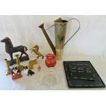Assorted items inc glassware, brass, Leo