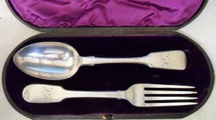 Cased silver monogrammed fork and spoon
