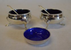 Pair of silver salts with matching silver spoons, Birmingham 1975 and a silver & blue enamel salt