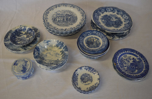 Blue & white ceramics including plates,