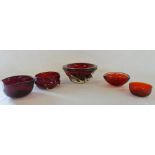 Assorted ruby coloured glass bowls inc 3