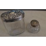 Silver topped dressing table pot & one o