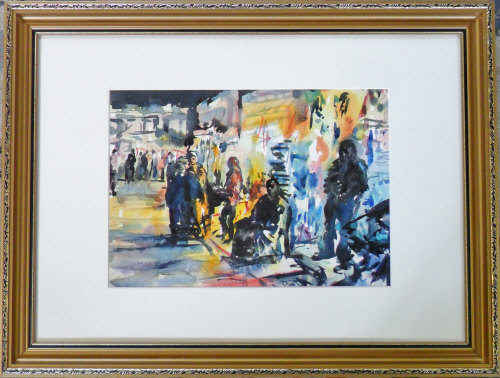 Watercolour of a market scene by Peter W