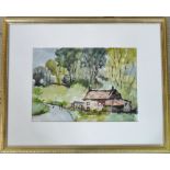 Watercolour of a cottage scene with sign