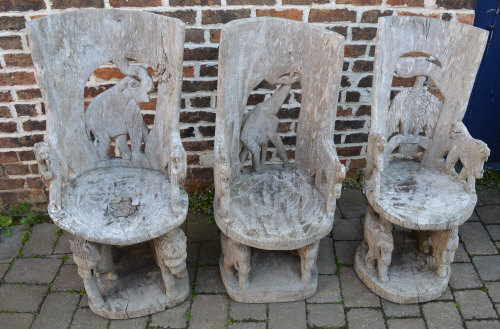 3 wooden carved African chairs
