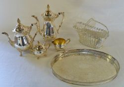 Silver plate tea service, tray & wine ba