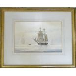 Watercolour of a frigate by David C Bell