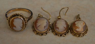 9ct gold cameo earrings, ring & pendant