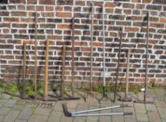 Gardening tools including sledge hammer,