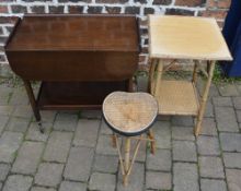 Mahogany trolley & 2 cane plant stands