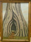 Large textured painting of a tree trunk