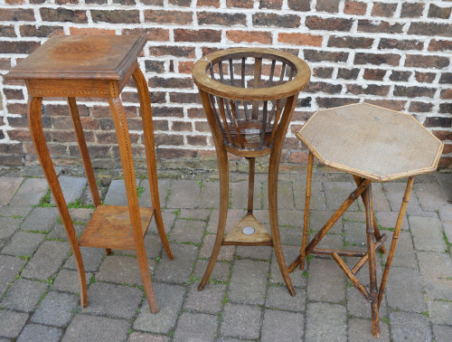 2 Edwardian plant stands & a bamboo tabl