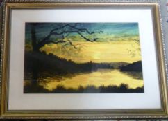 Framed watercolour of a twilight lake sc