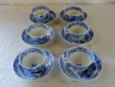 6 porcelain willow patterned cups and sa