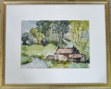 Watercolour of a cottage scene with sign