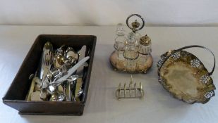 Silver plated cutlery, toast rack, dish