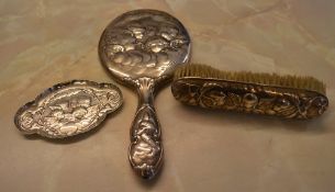 Silver hand mirror, brush & small pin tr