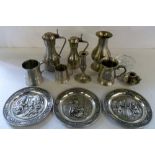Assorted pewter inc tankards and candles