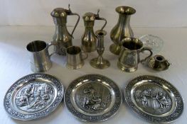 Assorted pewter inc tankards and candles