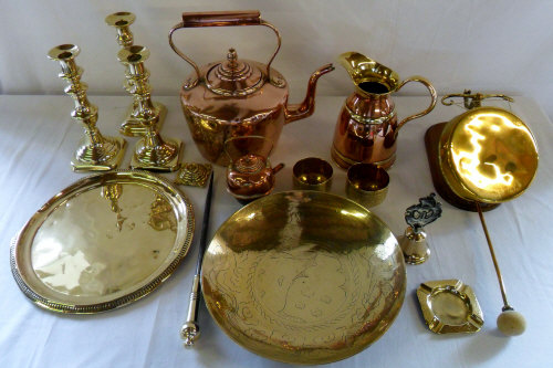 Brass and copper ware inc candlesticks,