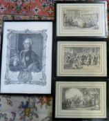 3 hand coloured engravings inc The Arriv