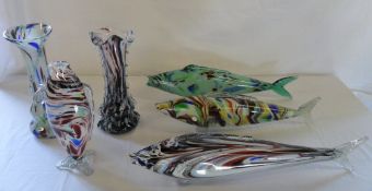 4 Murano style large fish figures and 2