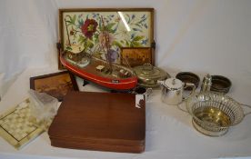 Model boat, tray, various silver plate,