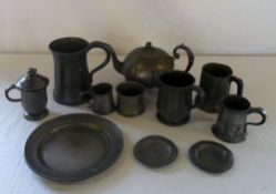 Selection of old pewter inc plates and t