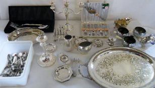 Various silver plate inc tray, candlesti