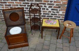 Folding cake stand, 2 stools & a commode