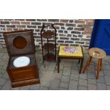 Folding cake stand, 2 stools & a commode