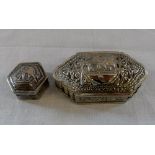 2 small white metal pill pots with eleph