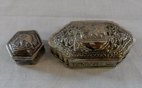 2 small white metal pill pots with eleph