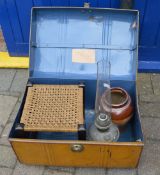 Tin trunk, footstool, paraffin lamp etc