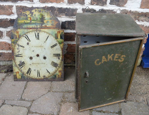 Longcase clock dial 'E Nelson' & a tin c
